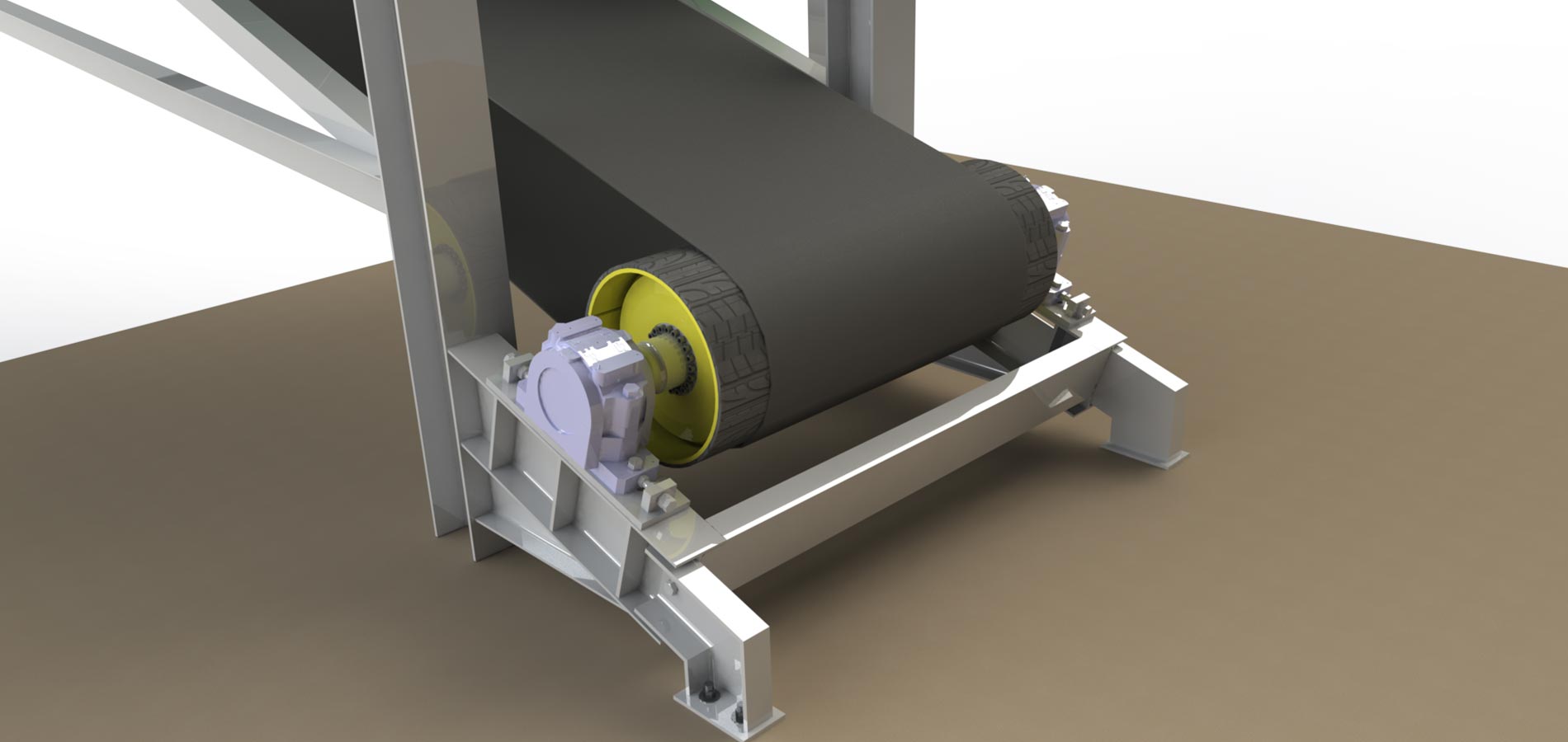 Three-dimensional engineering model of a conveyor roller and drive assembly