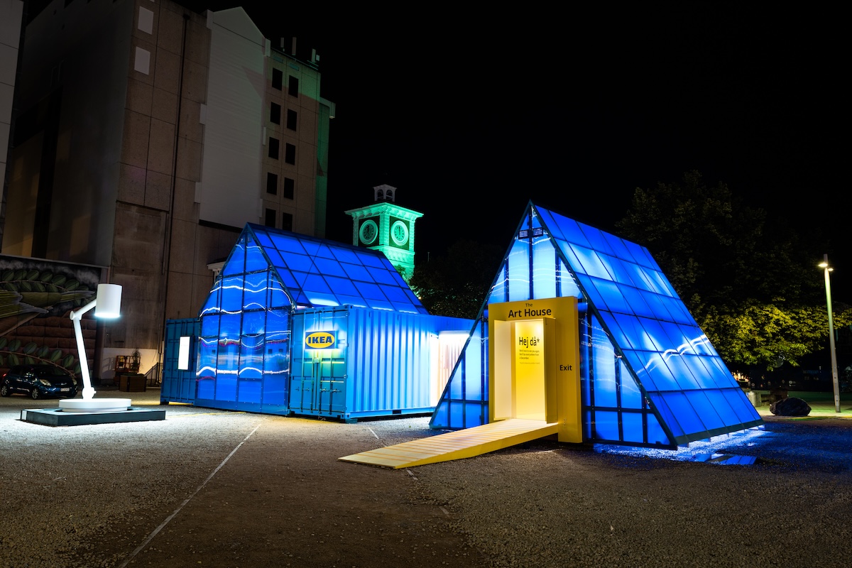 Illuminated temporary IKEA pavilion at Cathedral Square